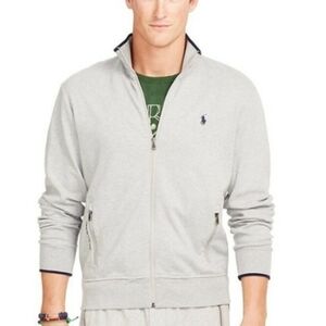 Ralph Lauren Men's Zip-Up Gray , Red Trim, Navy Pony Track Jersey Knit Sweater